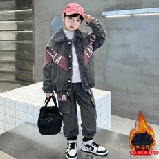 비비키드 벤 남아 가을 겨울 상하복 세트 기모 V 배색 데님 자켓 데님 조거 카고 팬츠 세트 초중생 긴팔티 초등생 긴바지 세트 (TZ700)