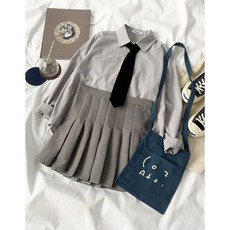 NANJINXIU 춘추 복 2020 여성복 한국 판 학생 투피스 긴팔 셔츠 + 플 리 츠 스커트 패션 세트 회색 상의 치마 (넥타이 선물) S