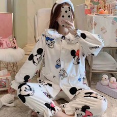 XL 2XL 카라 단추 미키마우스 미니마우스 도날드덕 패턴 무늬 화이트 극세사 수면 잠옷 상하의세트 겨울 파자마 여성 홈웨어 수유복 임부복 선물