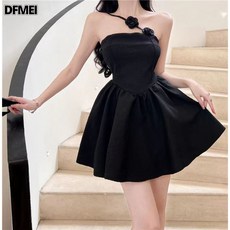 DFMEI 장미꽃 사선 나시 원피스 하이웨스트 튜브탑 바캉스 퍼프 스커트 햅번 미니 블랙 스커트