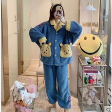 두꺼운 수면 겨울 극세사 귀여운 잠옷 파자마 숙녀 여성 털 옷 곰돌이 캐릭터 홈웨어 블루 핑크