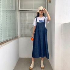 멜빵치마 루즈핏롱 무릎을넘기는 라이트블루 데님 멜빵스커트 학생 여성여름옷 작은키 롱스커트 멜빵원피스 일본스타일~