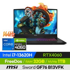 [사은품 증정!] MSI Sword GF76 B13VFK 13세대 i7 RTX4060 고사양 롤 오버워치 발로란트 로아 17인치 게이밍 노트북, 블랙, 코어i7, 1TB, 32GB, 윈도우 미포함