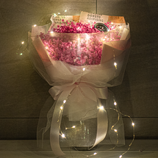"1000일 동안" 시들지 않는 보존화 안개꽃다발 (LED+엽서+꽃다발)라운드오프, 소형, 핑크