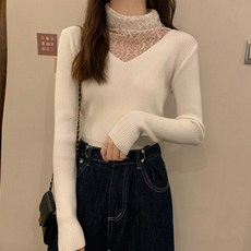 니트폴라티 레이스 병접연결 페이크레이어링 목폴라 스웨터바늘 셔츠긴팔