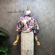 라임브릿지 퍼플 장미 플라워 스카프 블라우스