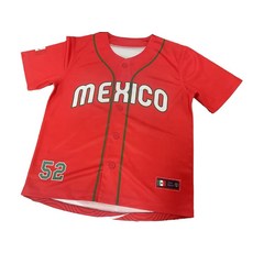 TAINOWEARS 멕시코 야구 저지 레드 버튼 남성 및 여성용 앞면에 자수 장식 모델 멕시코 레드 반소매 브이넥 레드 멕시코