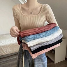 여성 쫀쫀한 스판 슬림 스퀘어넥 골지 긴팔 니트 티셔츠