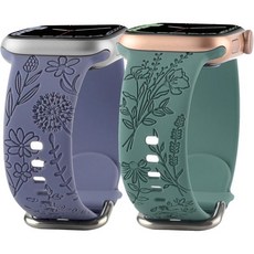 애플 워치 밴드와 호환되는 꽃 음각 실리콘 밴드 38mm 40mm 41mm 귀여운 여성 야생화 디자인 소프트 스포츠 스트랩 아이워치 시리즈 87SE654321, Green Lavender, 38/40/41mm