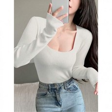 데일리 솔리드 스퀘어넥 립슬림핏 스웨터 니트 긴팔 여성 루즈핏 레이어드드