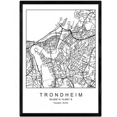 흑백의 도시 트론헤임 노르딕 스타일의 나닉 루 미나 지도.