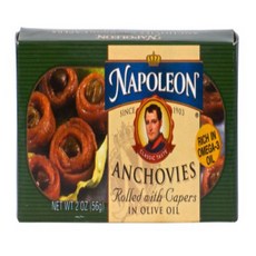 Napoleon ANCHOVIES ROLLED WITH CAPERS in Olive Oil 2oz (3 Pack) 올리브 오일에 담긴 케이퍼를 곁들인 나폴레옹 멸치 2온스(3팩), 56g, 3개