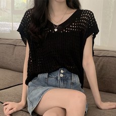 VERIT 루즈핏 커버업 니트 나시 비치룩 민소매 VT433, 블랙
