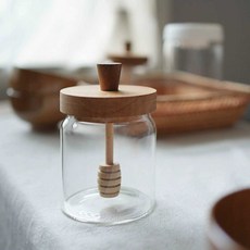 꿀단지 허니 디스펜서 시럽 꿀 보관용기 유리 벌꿀, 1개, 상세 페이지 참고, 원목커버 꿀단지 400ml 1개
