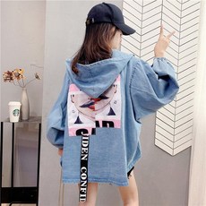 Sichuan 블랙 상의 여성 빅사이즈 데님코트 여학생 후드 프린트코트 후드티 슬랙스 청자켓 데님 베스트