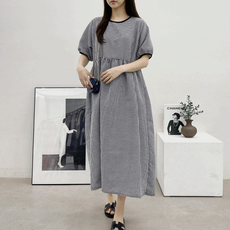 여름 데일리룩 77사이즈 지지미 체크 플레어 롱 원피스 (2color)