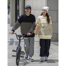 [jilu] 여성 남성 스트라이프 배색 줄무늬 남여공용 커플 니트 니트티