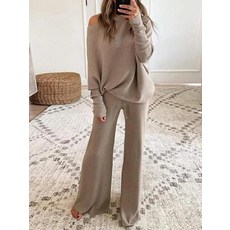 캐주얼 여성용 기모셋업 운동복 스웨터 세트 따뜻한 긴팔 풀오버 레그 팬츠 봄 가을 니트 슈트 2 세트