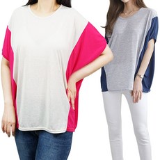 빅걸스토리 빅사이즈 여성용 라운드 모닝 컬러 배색 루즈핏 반팔티셔츠 2P