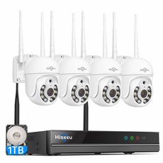 Hiseeu 무선 CCTV 녹화기 5MP 실외 풀컬러 야간전망 360도 파노라마 WIFI 카메라, 4 방향 카메라 (500G), 1개