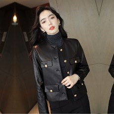 EYES FASHION 리얼 가죽 여자 가죽옷 숏 코트 면양가죽 가죽 재킷 슬림핏 캐주얼 박형 상의 직업여성. 라운드넥 심플하다 소향풍