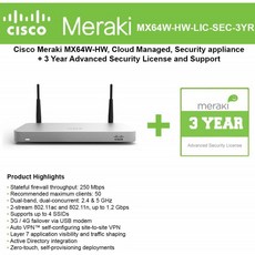 Cisco Meraki MX64W 무선 방화벽 보안 번들 200Mbps FW 5xGbE 포트 - 3년 고급 보안 라이센스 포함, 단일옵션
