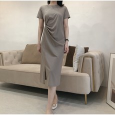 꾸안꾸 드레이프 꼬임 옆트임 반팔 롱 원피스 3color / 모카 베이지 빠른 출고