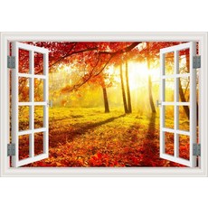 숲 3D 창 풍경 벽 스티커 비닐 아트 이동식 녹색 황금 잎 숲 부엌 침실 장식 벽지 스티커, 01 1_04 32x48inch 80x120cm