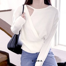 봄최신상 러블리 언발 어깨트임 컷아웃 데일리 사선 랩 니트탑