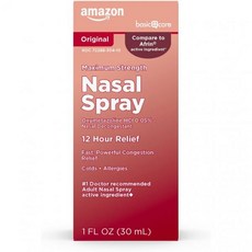Amazon Basic Care 아마존 베이직 케어 최대 강도 12시간 비강 스프레이 옥시메타졸린 HCl 용액 충혈 제 감기 알레르기 해동제 1oz 1팩, 1 Fl Oz (Pack of 1), 1개, 30ml