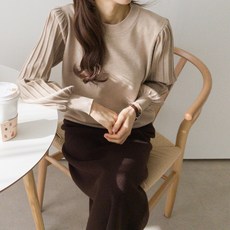 룰루제이 여성 주름 퍼프 소매 라운드 니트