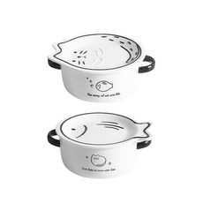 BLOWFISHFUGU 귀여운 고양이 양손 스프볼 라면그릇 손잡이라면그릇 뚜껑라면기, 1세트, 화이트A+화이트B