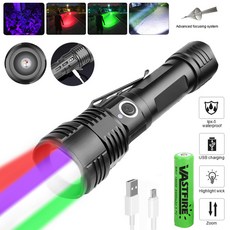 슈퍼 손전등 후레쉬 줌 레드 그린 UV 화이트 강력한 토치 USB 충전식 플래시 라이트 야간 스카우트 조명 LED 전술 랜턴, B, 1개