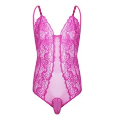 점프슈트 Mens Sissy 새틴 바디 슈트 정장 Babydoll 레이스 크로스 Criss Back Pajamas Sleepwear Nightwea