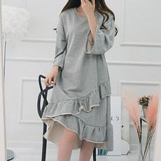 데일리 쭈리 사선 프릴 루즈 롱 원피스 캐주얼 편한 홈웨어 면원피스