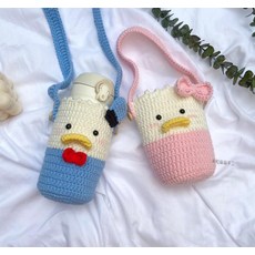나인직구 핸드메이드 라탄 컵슬리브 DIY 쌀 낟알 오싹오송 손뜨개질 도널드덕 부부다 물컵홀더 화상방지 털실, 타바스블루 ＋타바스블루 （도구 원 ）