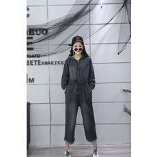 점프수트 유럽산 데님 원피스형 9부바지 후드 지퍼 와이드팬츠 카고바지 위아래연결된 투피스 유행