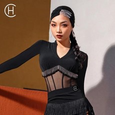 하이 퀄리티 라인스톤 라틴 댄스 복장 점프수트 섹시한 메쉬 브이넥 국가 표준 연습