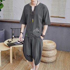 DIPYLON 남성 반팔 린넨 생활한복 여름 리넨 세트 차이나 면 마 티셔츠 빈티지 캐