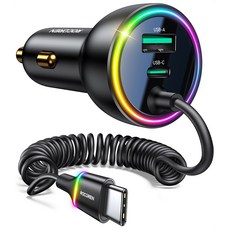 Rocoren 70W USB C 차량용 충전기(스프링 LED 케이블 포함) iPhone 용 고속 충전 유형-C USBC 차량용 충전 어댑터 삼성전자 갤럭시 LG, 1.6M 케이블