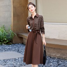 ANYOU 여성 봄/가을 긴팔 체크 원피스 셔츠형 패션 A라인 원피스