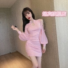 힙업 원피스 리폼 치파오 가을스타일 감각 오프숄더 어깨트임 쉬폰 버블 소매 패치워크 허리보정 주름 점프 슈트