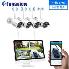 Fogaview 4채널 무선NVR녹화기 15.6인치 모니터NVR 3MP Wifi감시CCTV세트 방수 카메라 이동 감지, 6TB 하드 디스크