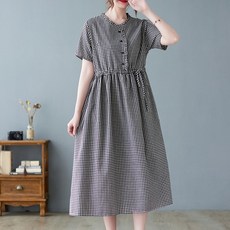 BIKASU 여성 면마 체크 롱원피스 캐주얼 반팔 빅사이즈 여름 린넨 원피스