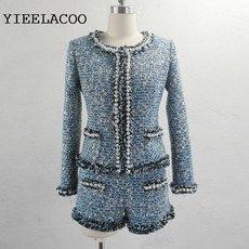 블루 트위드 자켓 + 반바지 정장 페르시 봄/가을/겨울 여성 코트 슬림 고급 사용자 정의 무거운 코트 + 반바지 정장|여성 세트|