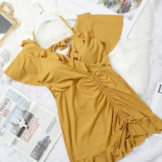~5xl 빅사이즈 홀터넥 반팔 스파 호텔 호캉스 온천 실내 러플 주름 원피스 수영복, 머스터드