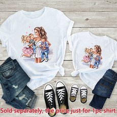 커플 가족 모녀 커플룩 의상 키즈 하는 딸 여름 새로운 소매 흰색 모양 옷 Tshirts 짧은