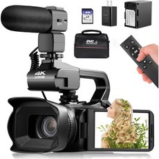 18X 디지털 줌이 포함된 Lierhyt 4k 비디오 카메라 캠코더 유튜브용 64MP 블로깅 카메라 4.0인치 회전 터치스크린 64GB SD 카드 마이크 리모컨 내구성, 1개