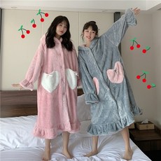 극세사 하트포켓 프릴 롱원피스 후드 수면잠옷 가운(2color)