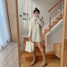 리본 빅 카라 케이프 니트 숄 롱 스웨터 원피스 티 셔츠